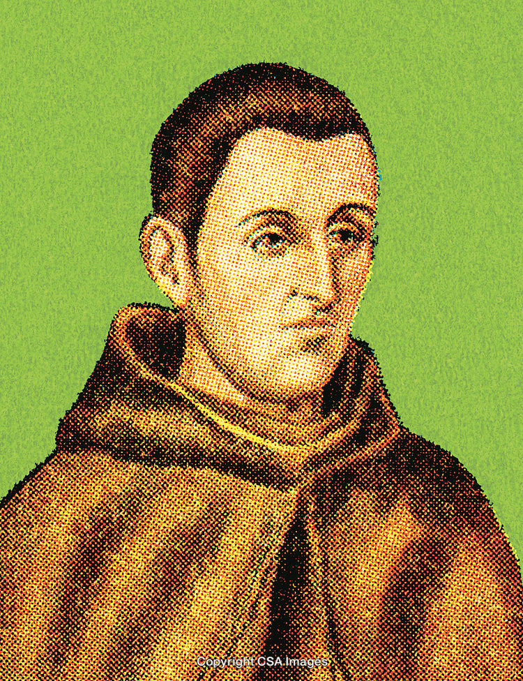 Vintage Portrait Illustration of a Monk in Brown Robes on Green Background