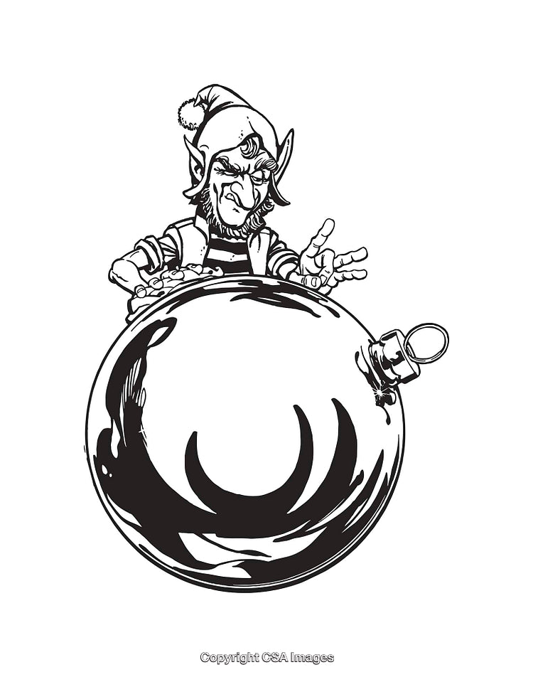 Black and White Illustration of a Christmas Elf Holding a Large Ornament