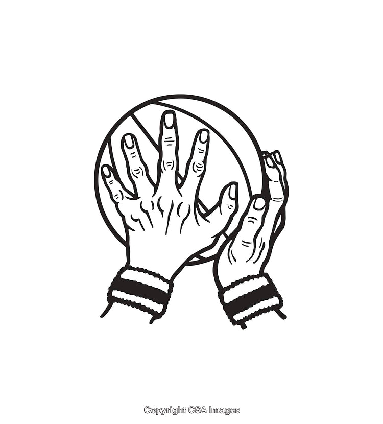 Black and White Line Art of Hands Grasping a Basketball