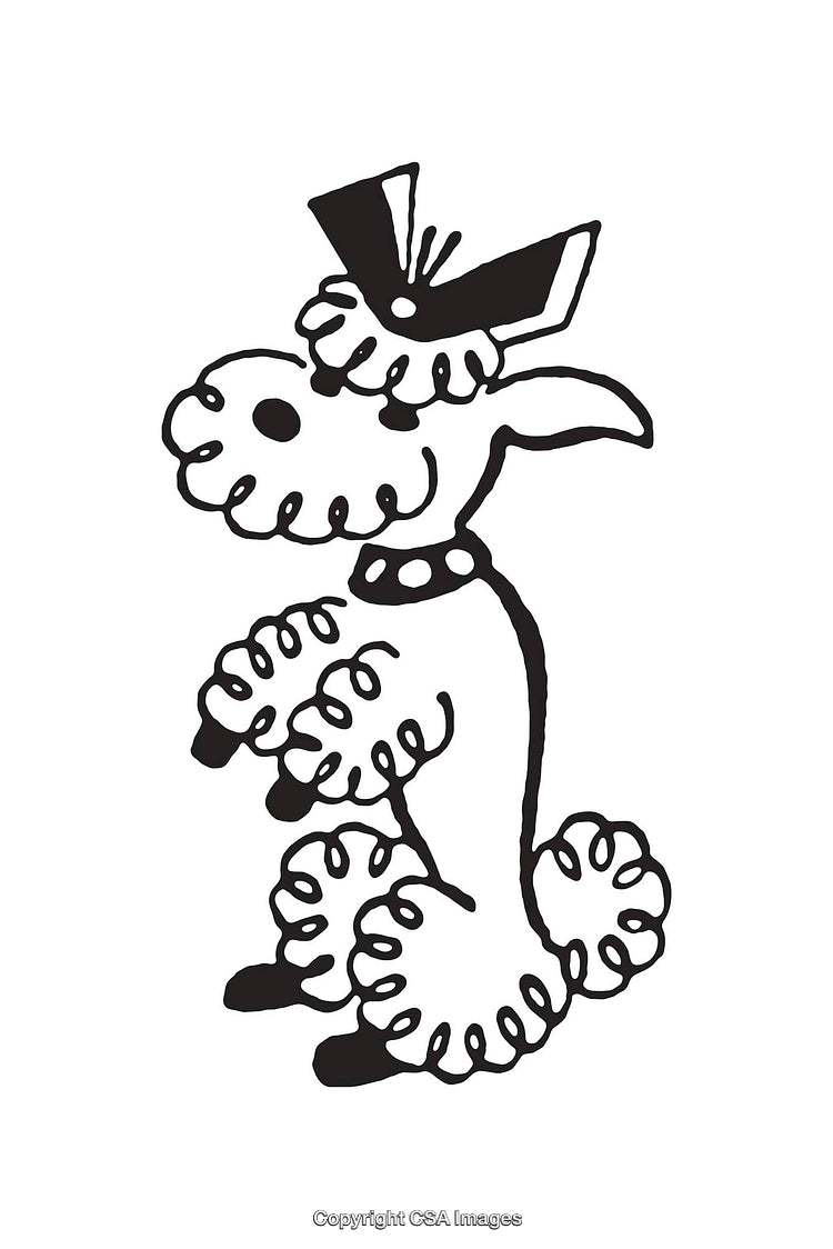 Black and White Line Art Illustration of a Stylized Poodle Dog