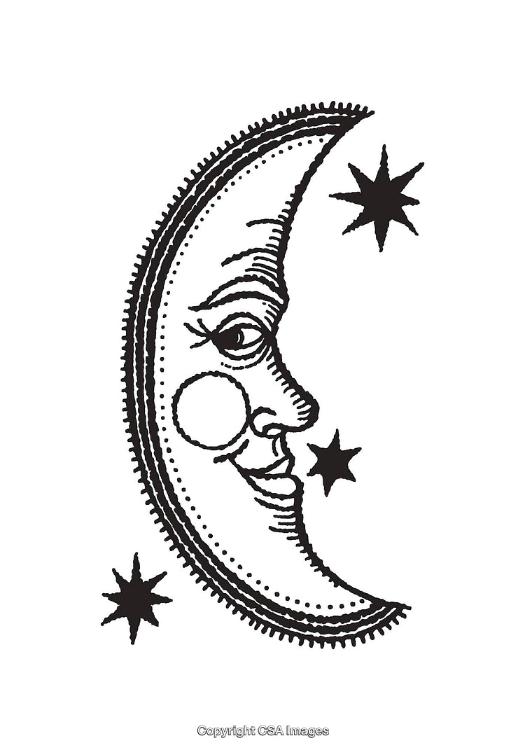 Elegant Black and White Line Art of a Moon with Stars