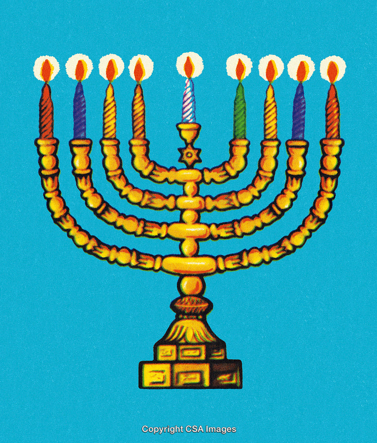 Golden Menorah with Lit Candles Against a Vibrant Blue Background