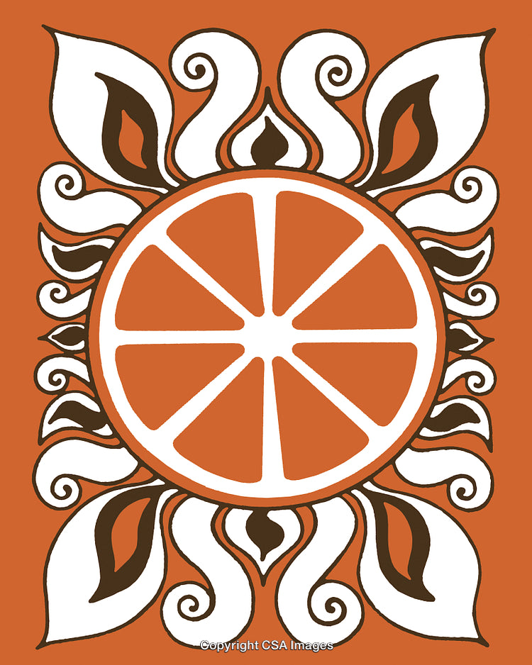 Ornamental Orange Slice with Abstract Floral Swirls on a Vibrant Background