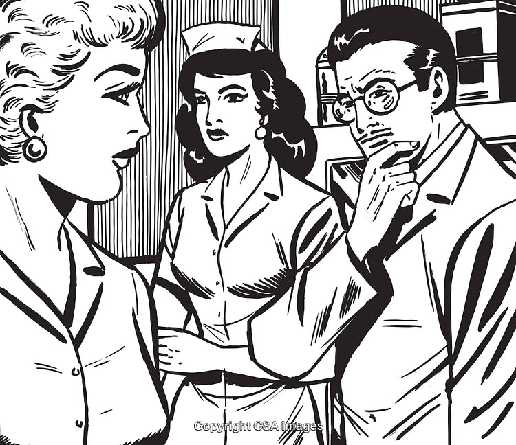 Retro Illustration of a Medical Discussion with Professionals in a Hospital Setting