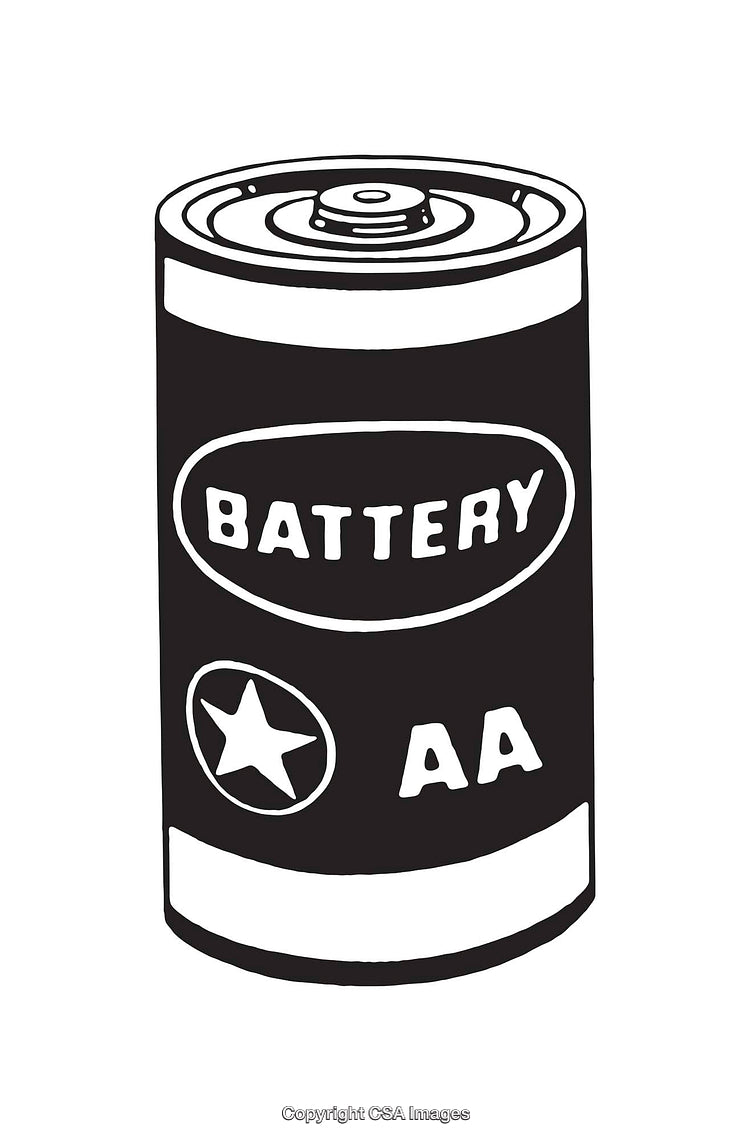 Black and White Line Art Drawing of an AA Battery