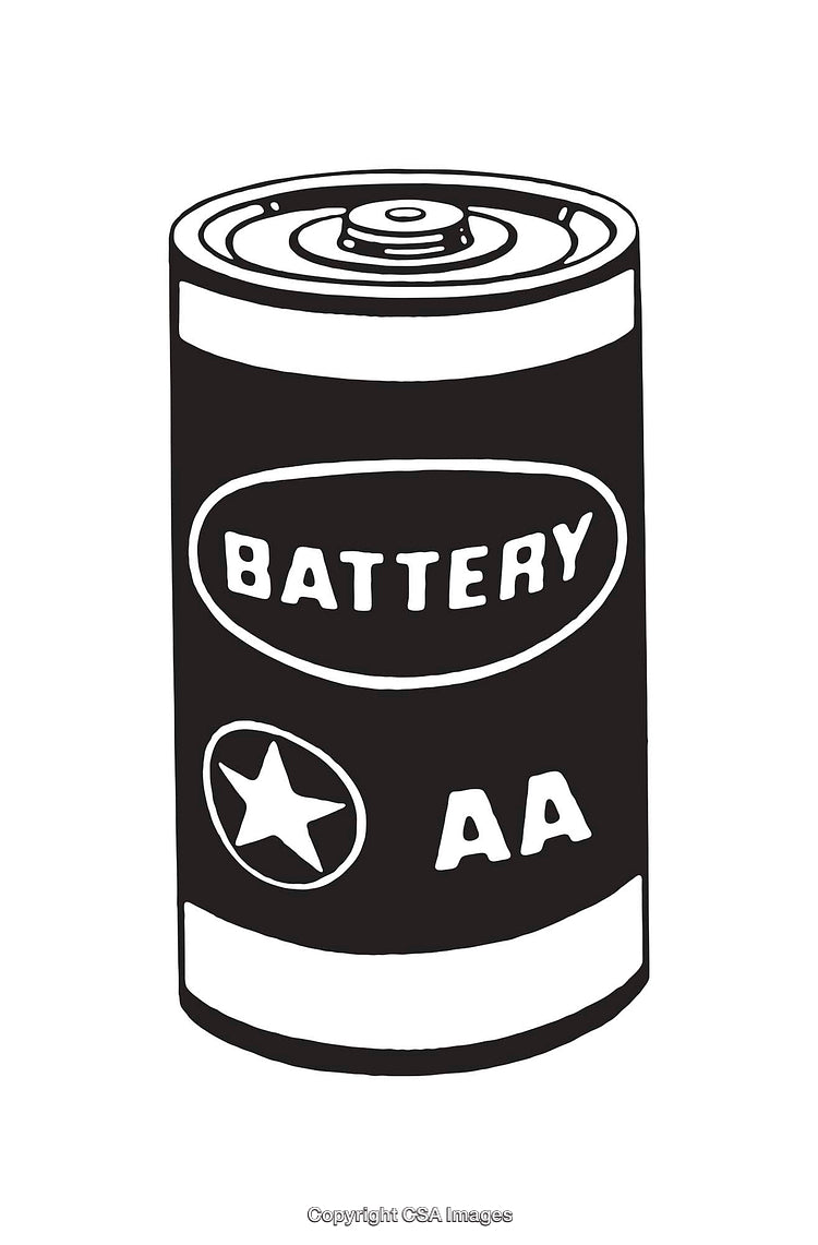 Black and White Line Art Drawing of an AA Battery