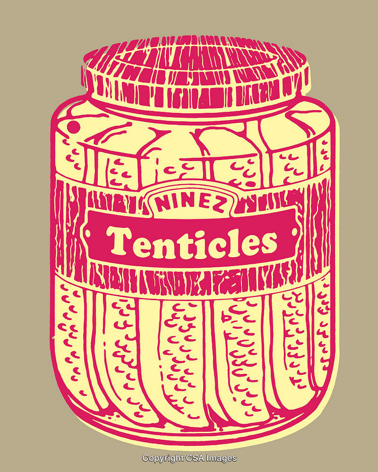 Colorful Illustration of a Jar Containing Tentacles in Retro Art Style