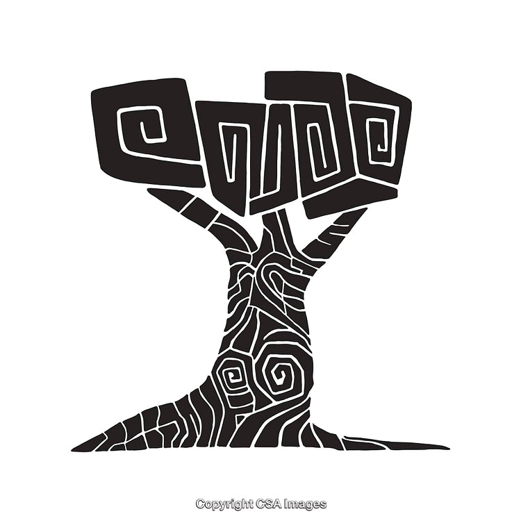 Abstract Black and White Tree Illustration with Swirling Patterns