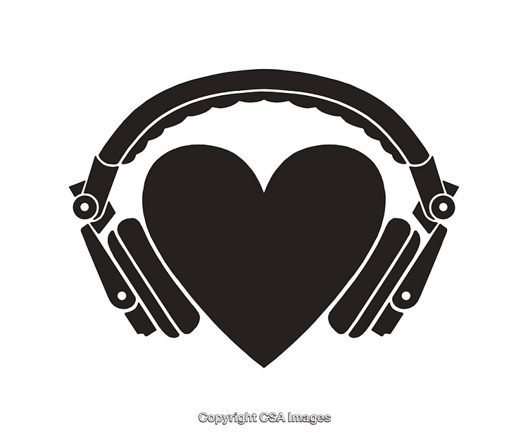 Heart with Headphones Icon Representing Music and Love in Monochrome Art