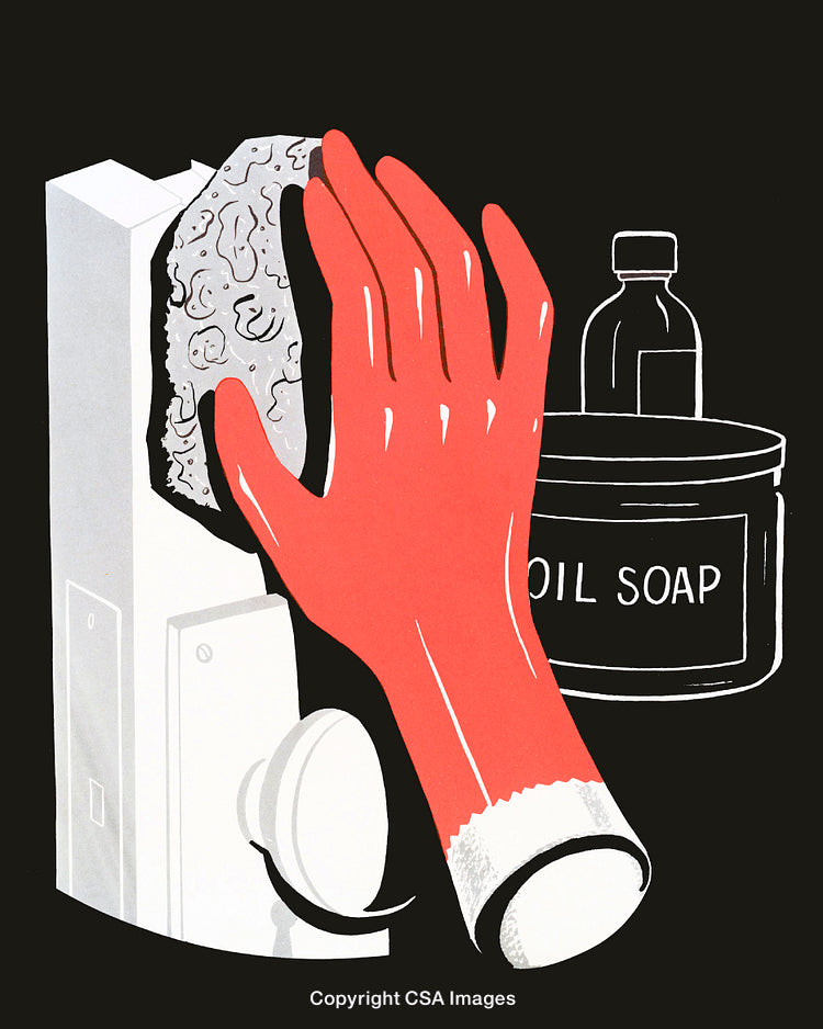 Stylized Illustration of Cleaning with Soap and Gloves on a Dark Background