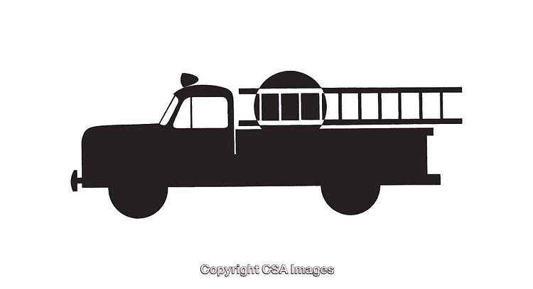 Silhouette Illustration of Fire Truck with Ladder in Black and White