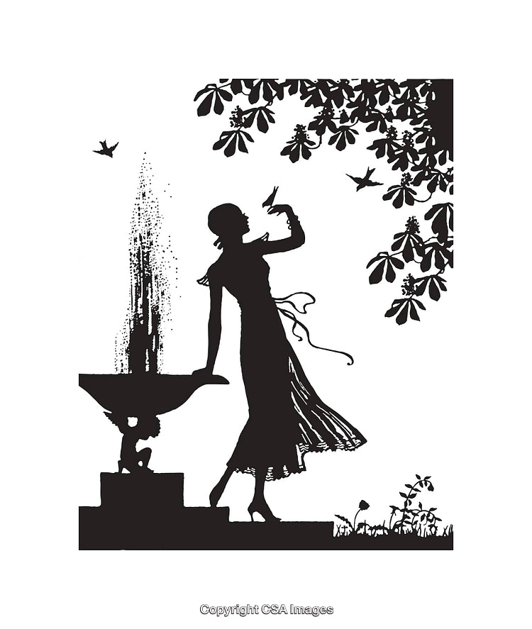 Elegant Silhouette of Lady by a Fountain with Birds Flocking