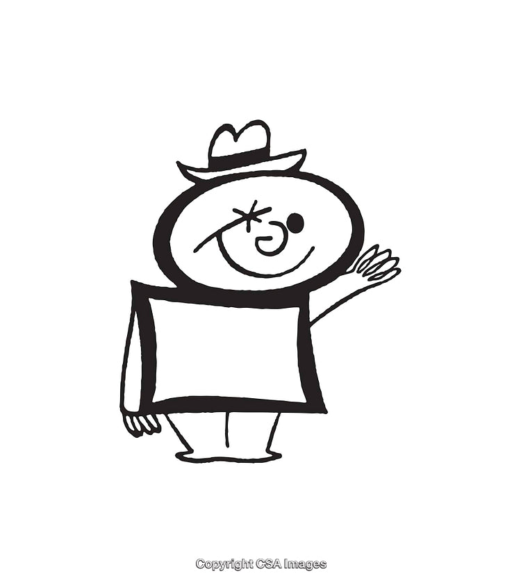 Playful Black and White Cartoon Character Waving in Hat Illustration