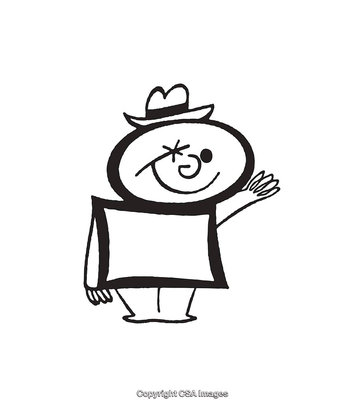 Playful Black and White Cartoon Character Waving in Hat Illustration