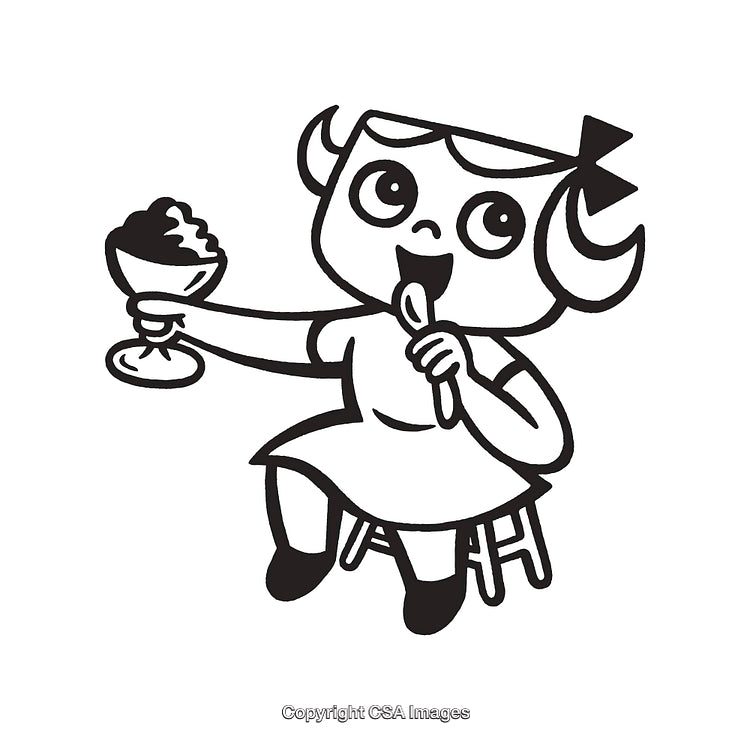Cute Cartoon Girl Enjoying Ice Cream in Black and White Art