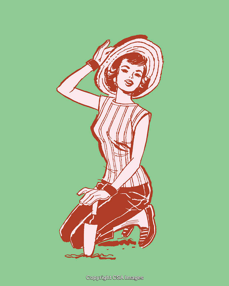Vintage Retro Style Woman Gardening on a Vibrant Green Background