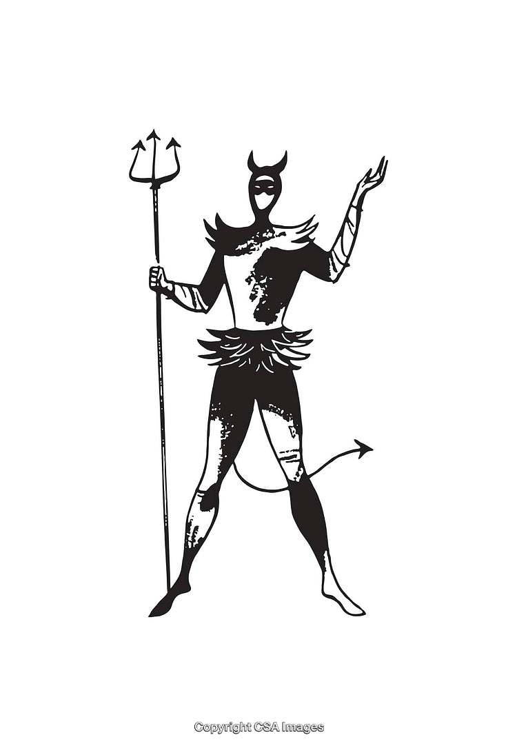 Black and White Line Art of a Mythical Demon Holding a Trident