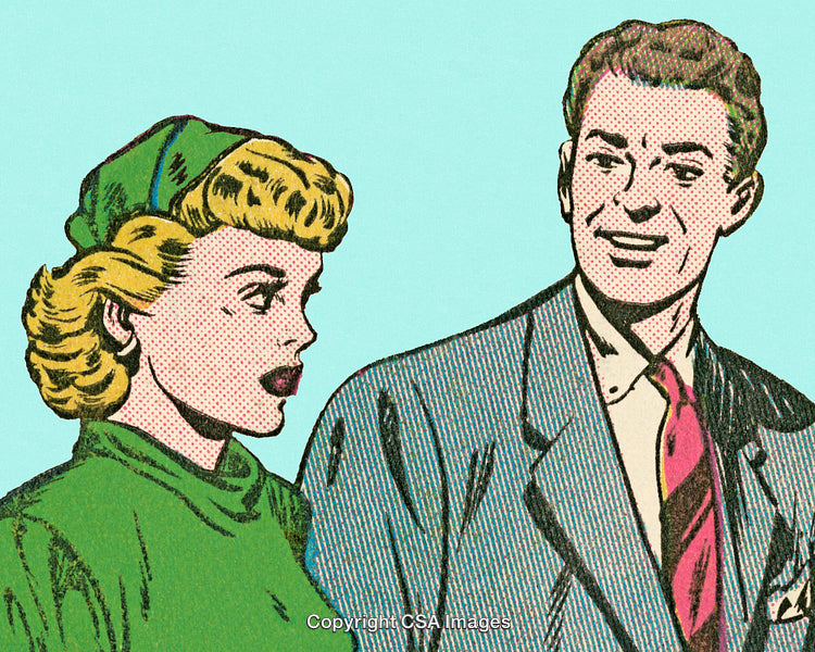 Vintage Comic Style Portrait of a Man and Woman in Conversation