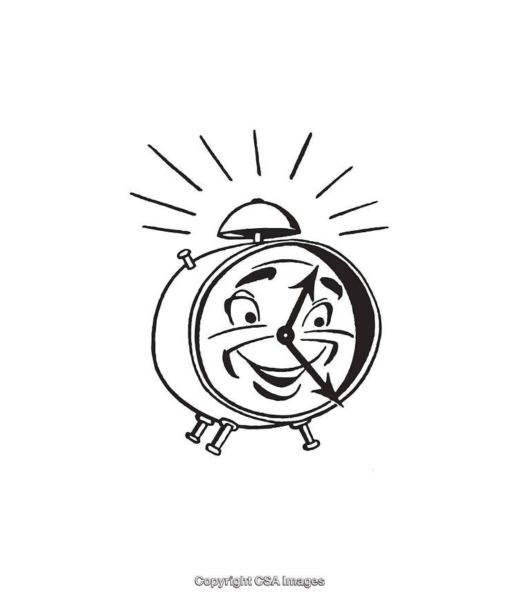 Black and White Line Art of a Smiling Alarm Clock Illustration