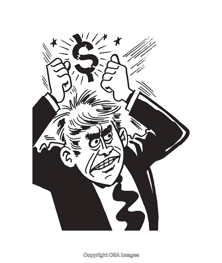 Monochrome Illustration of a Man Reacting to Financial Concepts
