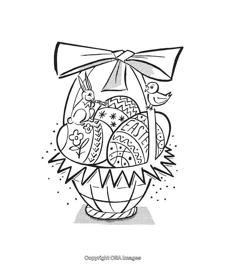 Easter Basket Illustration with Eggs, Bunny, and Decorations
