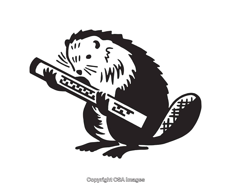 Black and White Illustration of a Cartoon Beaver Holding a Log