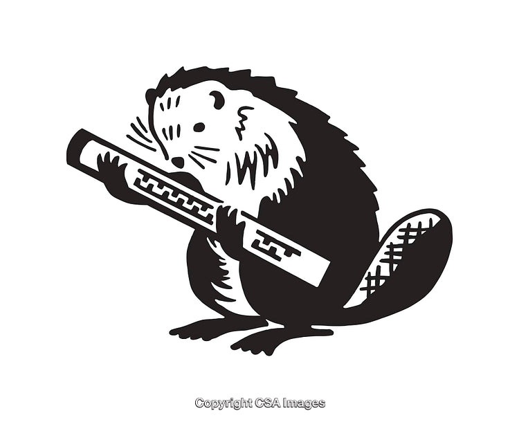 Black and White Illustration of a Cartoon Beaver Holding a Log