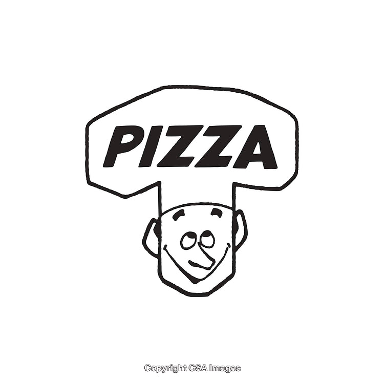 Black and White Line Art Pizza Illustration with Cartoon Character