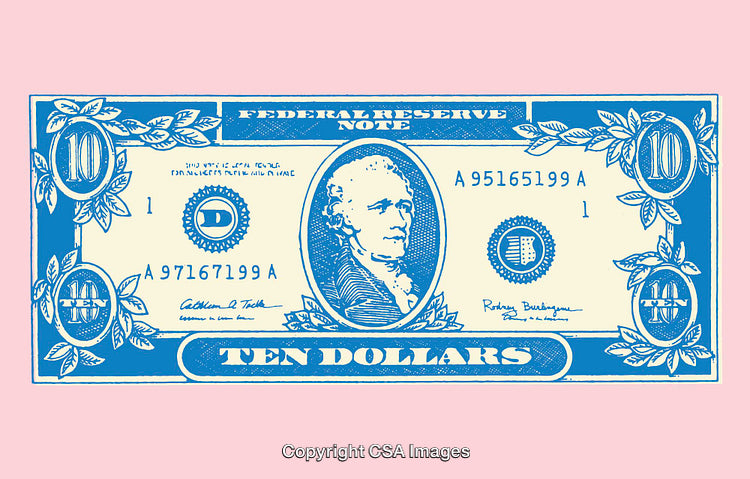 Stylized Line Art Illustration of a Ten Dollar Bill in Color