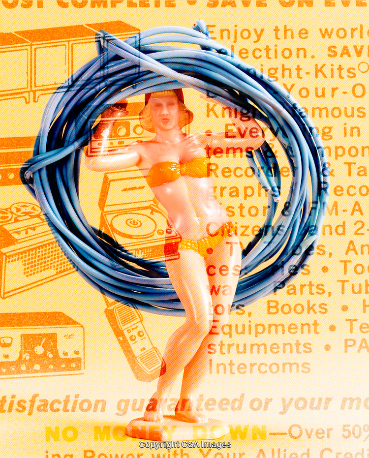 Artistic Collage of Retro Toy Figure with Technological Elements
