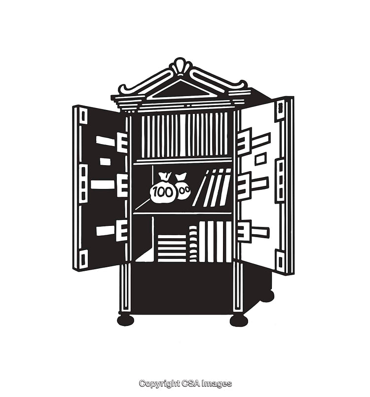 Black and White Line Art Illustration of an Open Safe With Money and Books