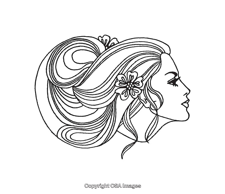 Elegant Line Art of Woman's Profile with Stylish Hair and Flowers