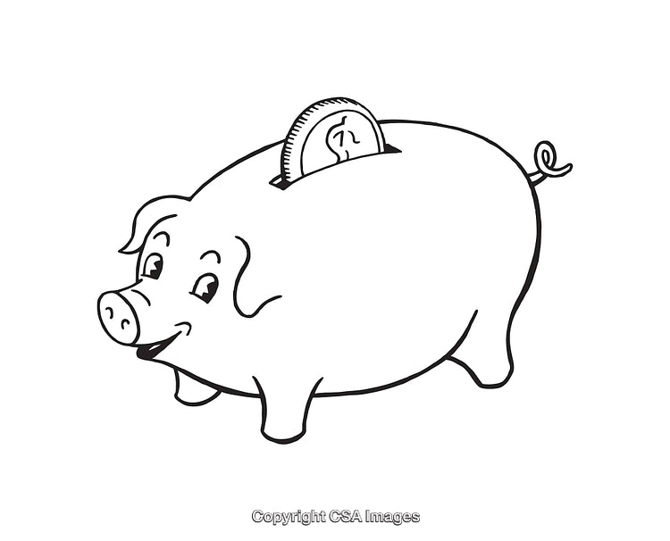 Black and White Line Art of a Piggy Bank with a Coin