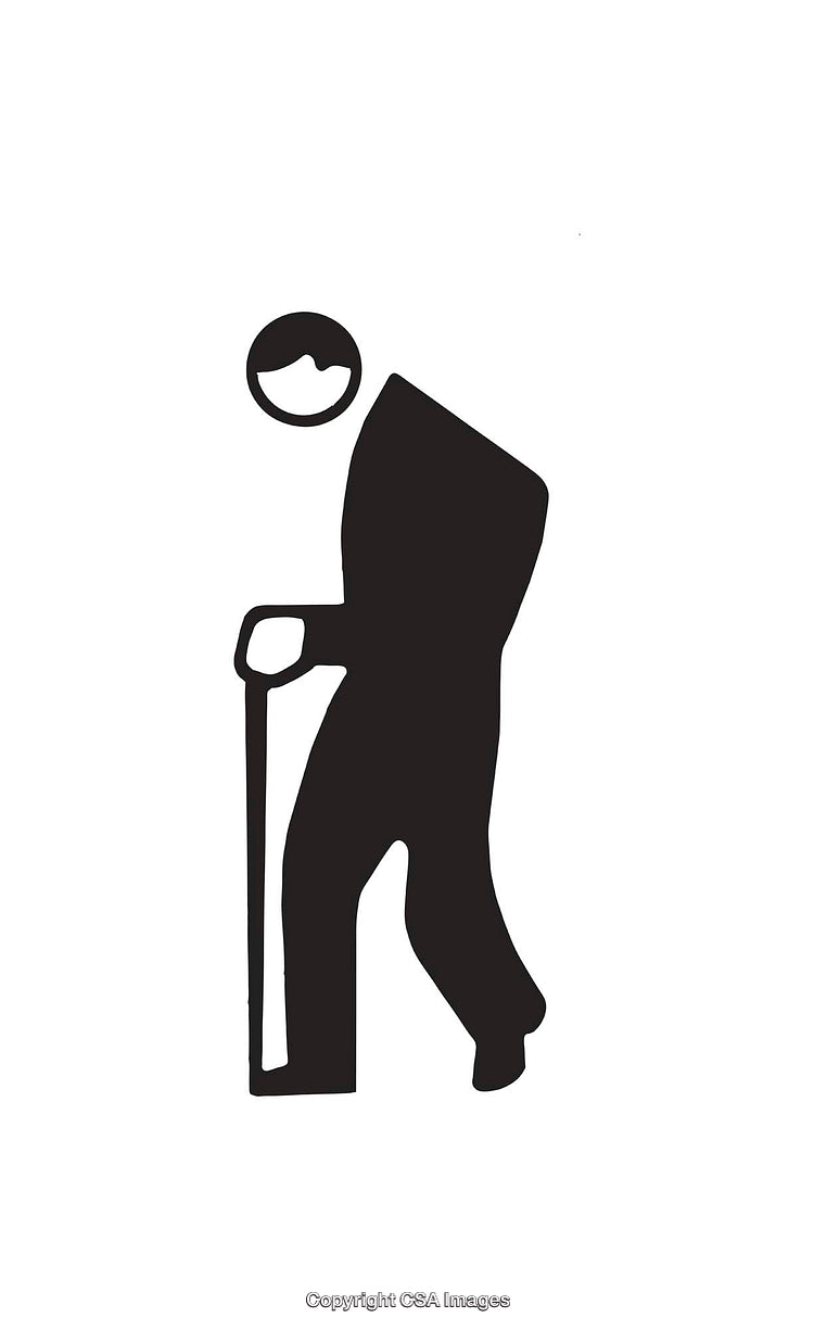 Silhouette Icon of Elderly Person With Walking Stick in Black and White