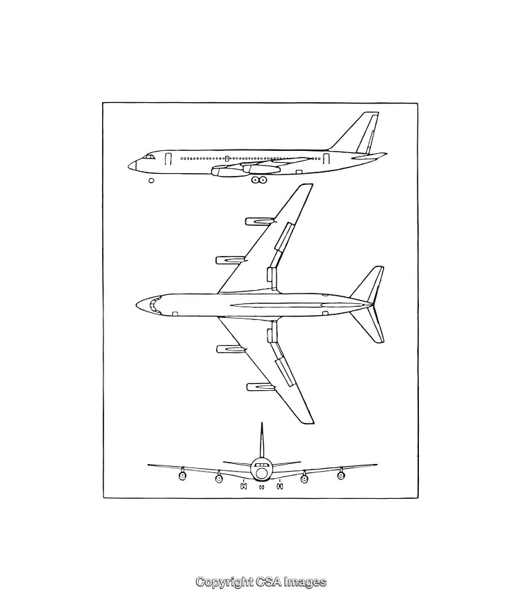 Detailed Black and White Diagrams of Airplane Views
