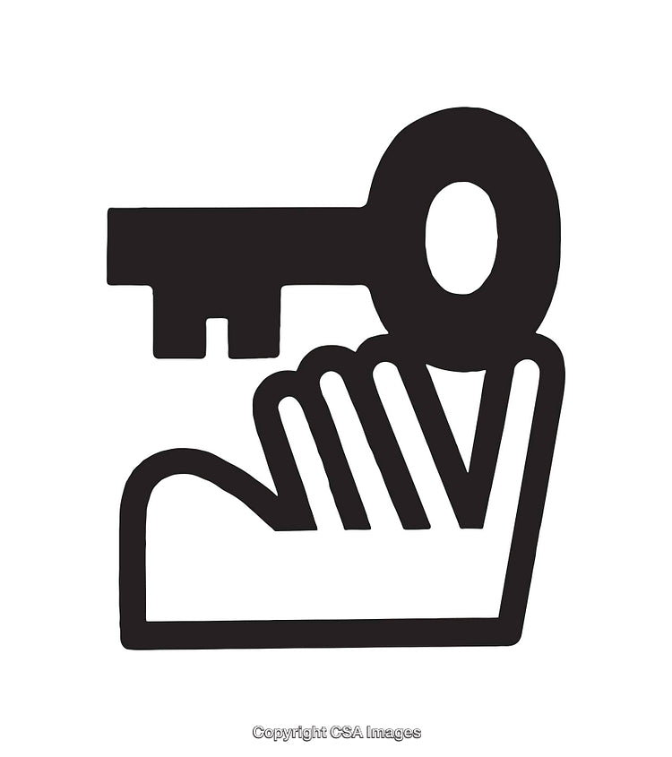 Black and White Icon of a Key with a Hand Motif