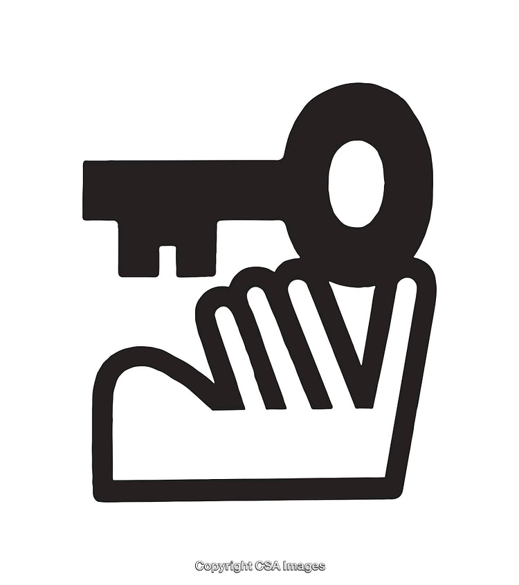 Black and White Icon of a Key with a Hand Motif