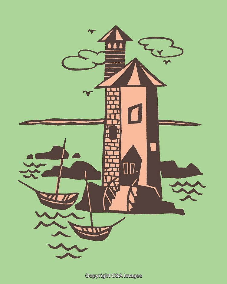 Stylized Lighthouse Illustration with Boats on Calm Waves