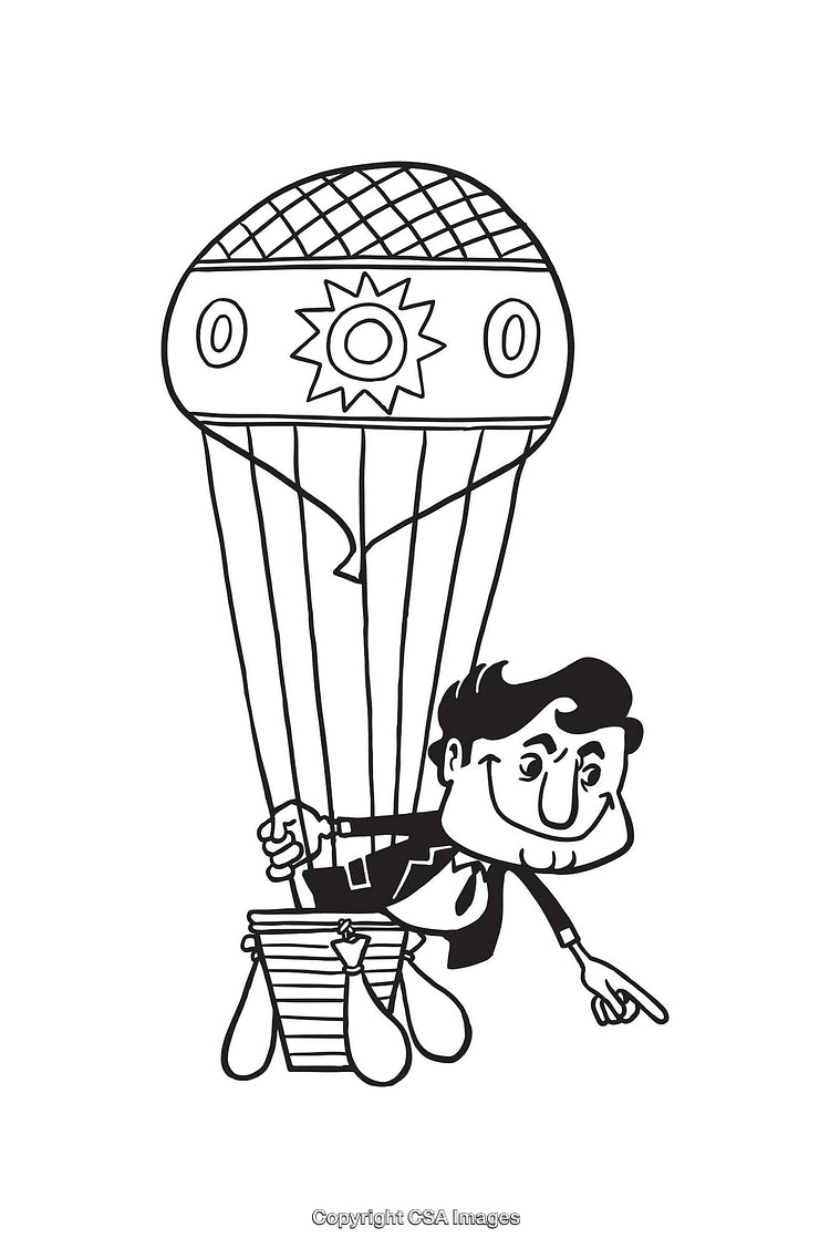 Black and White Illustration of a Man in Hot Air Balloon