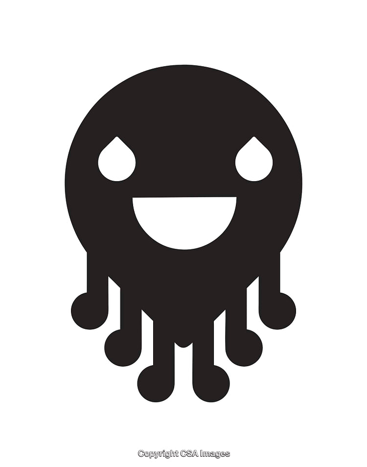Black and White Smiling Face Icon with Dripping Features