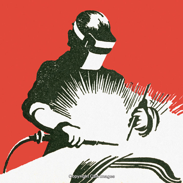 Industrial Welder Working with Bright Sparks on Red Background