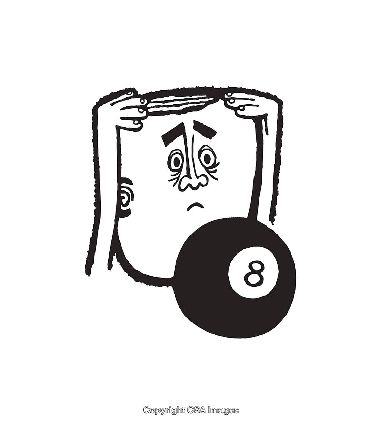 Black and White Illustrative Art Featuring A Person with Magic Eight Ball