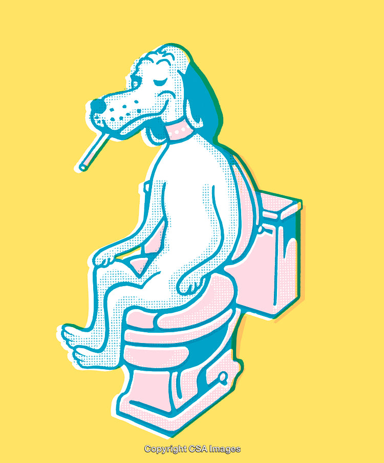 Humorous Cartoon Illustration of a Dog Relaxing on a Toilet