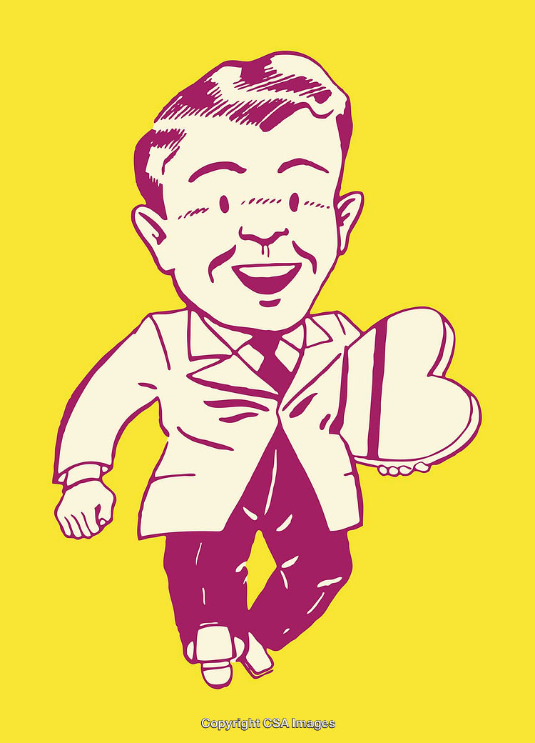 Retro Style Illustration of a Smiling Man Holding a Heart-Shaped Gift