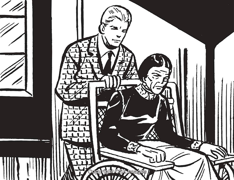 Retro Illustration of a Caregiver Assisting an Elderly Woman in a Wheelchair
