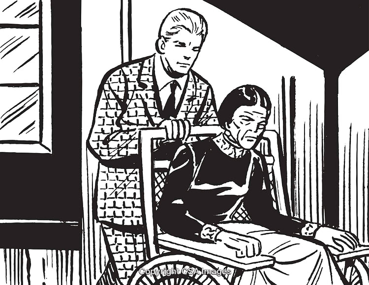 Retro Illustration of a Caregiver Assisting an Elderly Woman in a Wheelchair