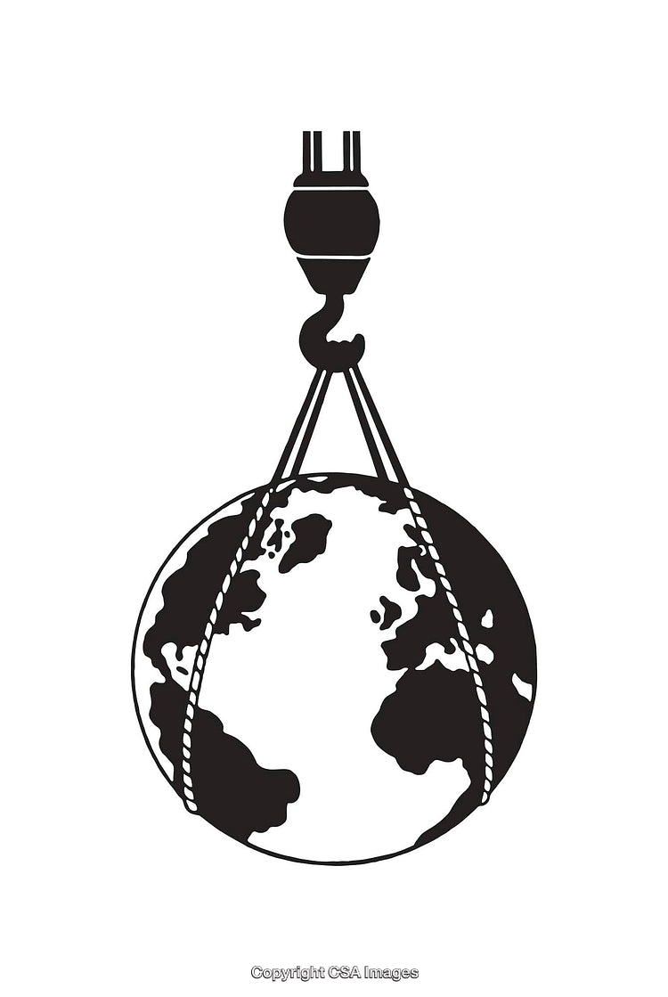 Black and White Line Art of Earth Suspended by Industrial Hook