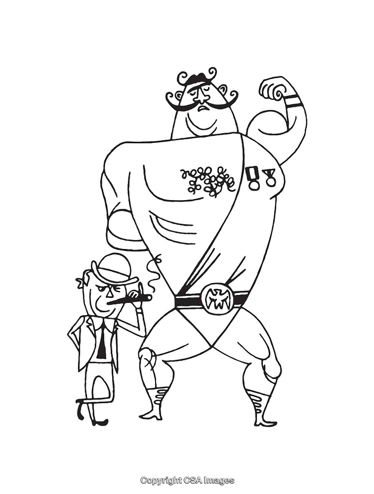Black and White Line Drawing of a Strongman and Detective