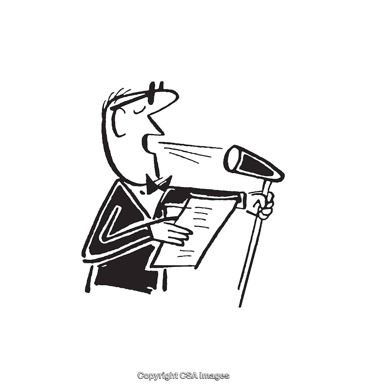 Cartoon Illustration of Speaker Delivering Speech at Microphone