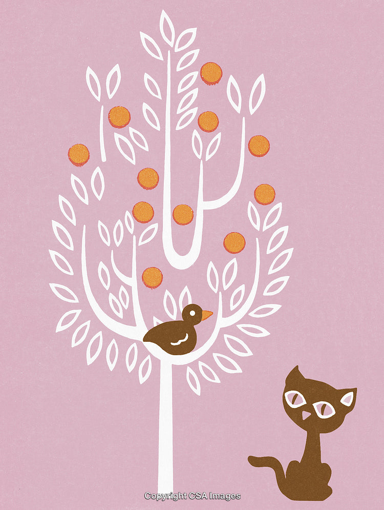 Whimsical Illustration of a Tree With a Bird and Playful Cat